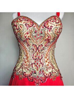 Alyce Paris Beaded Coral Formal Gown With Embellished Bodicep